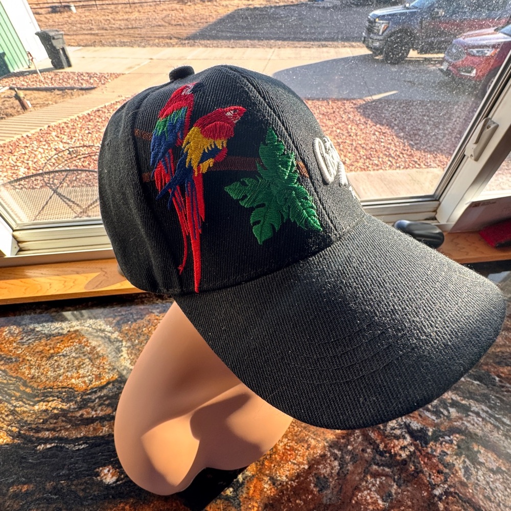 Black Cap with Vibrant Parrot Embroidery